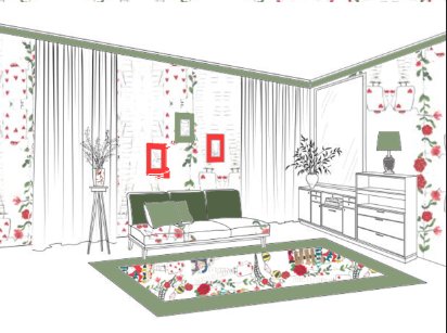 Floral wallpaper visualised in a room